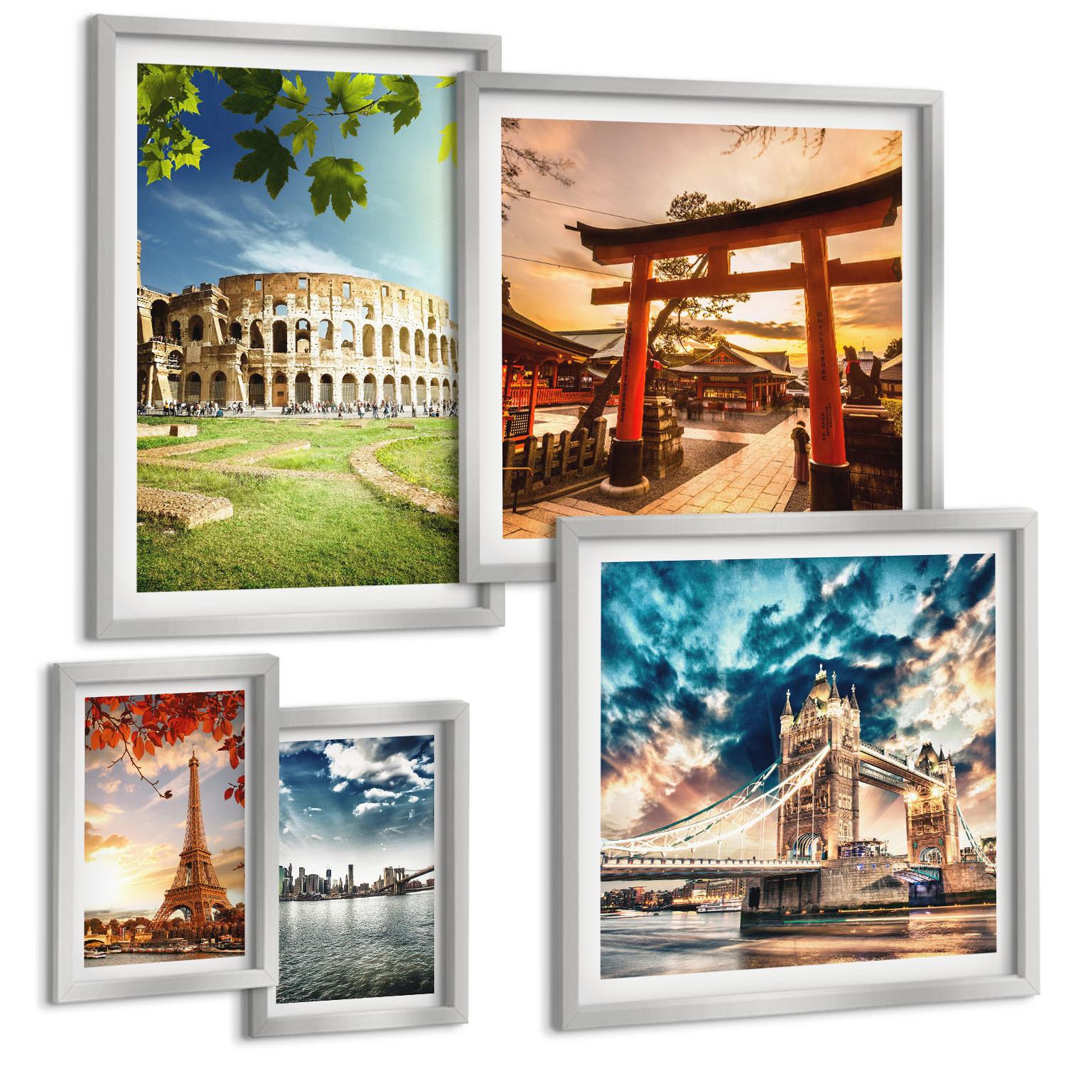 BILDER SET 5er Set - 50x50 cm & 20x30 cm & 40x60 cm Silberner Rahmen - Entspannende Zen-Steine für inneren Frieden - Silberfarben, Kunststoff (40/60cm) - TULUP