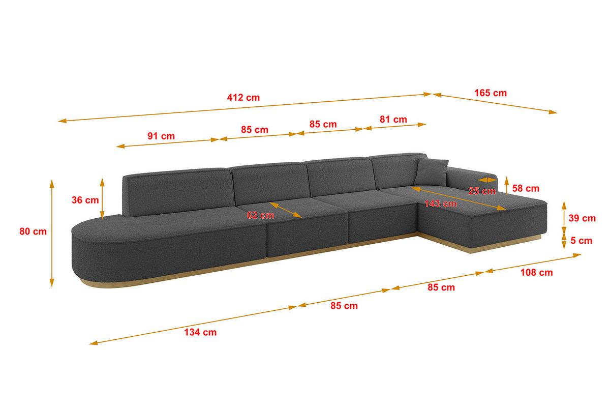 ECKSOFA Ottomane Rechts IREA-L3-v2 - 412x165x80 cm Grau - Dunkelgrau/Olivgrün, Holzwerkstoff/Textil (412/165cm) - ALTDECOR