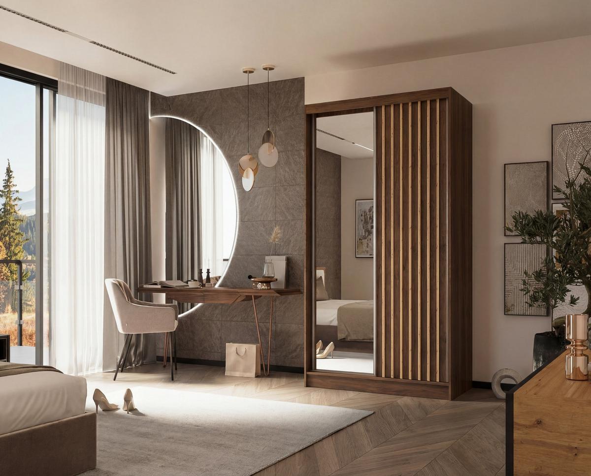 SCHWEBETÜRENSCHRANK LAMELLO 120/216/61 cm Modern Kleiderschrank 2-türig mit Spiegel Nussbaumfarben - Nussbaumfarben, Holzwerkstoff (120/216/61cm) - MASSENO