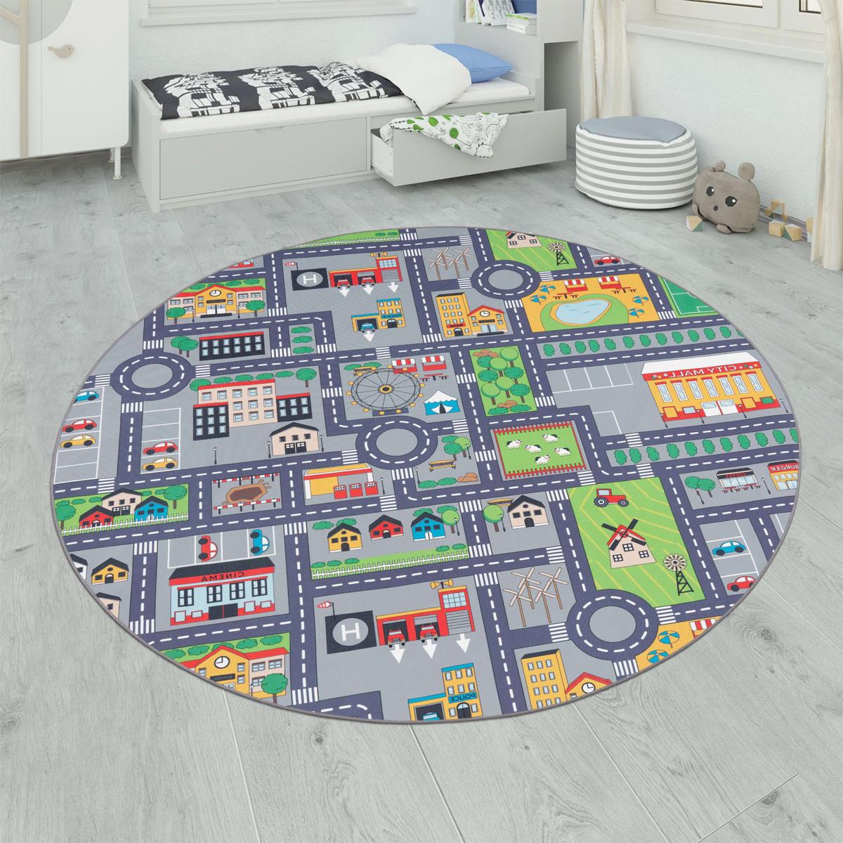 KINDERTEPPICH Waschbar, mit Stadt‑Land‑Karten‑Muster, Grau, Ø 160 cm - Grau, Textil (160/160cm) - KADIMA DESIGN