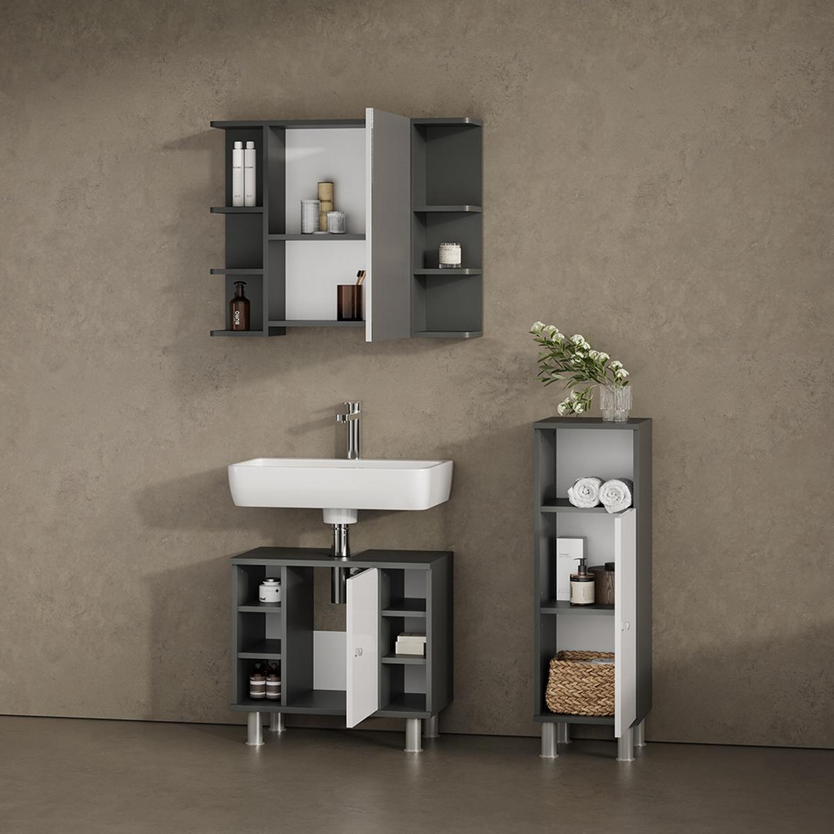 BADMÖBEL-SET Fucino Anthrazit 3 Teile, mit Midischrank - Anthrazit, Holzwerkstoff (80/64/21cm) - Livinity®