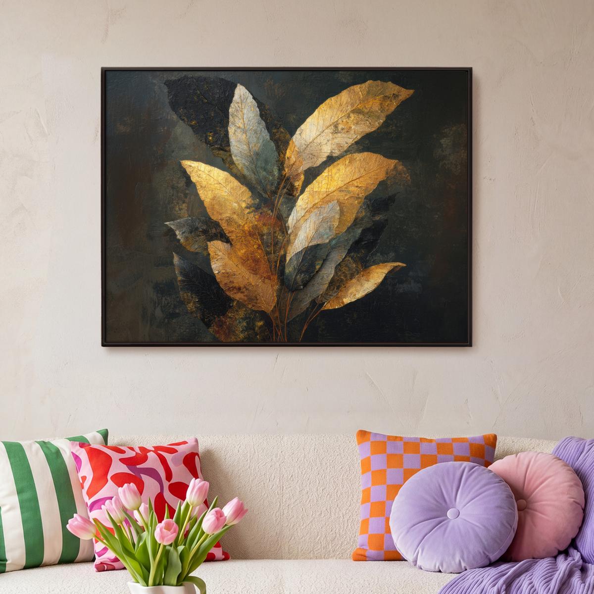 LEINWAND Bilder mit Rahmen - Golden Leaf Komposition - Botanical Luxury - 100x70 - Goldfarben, Textil (100/70cm) - MuchoWow