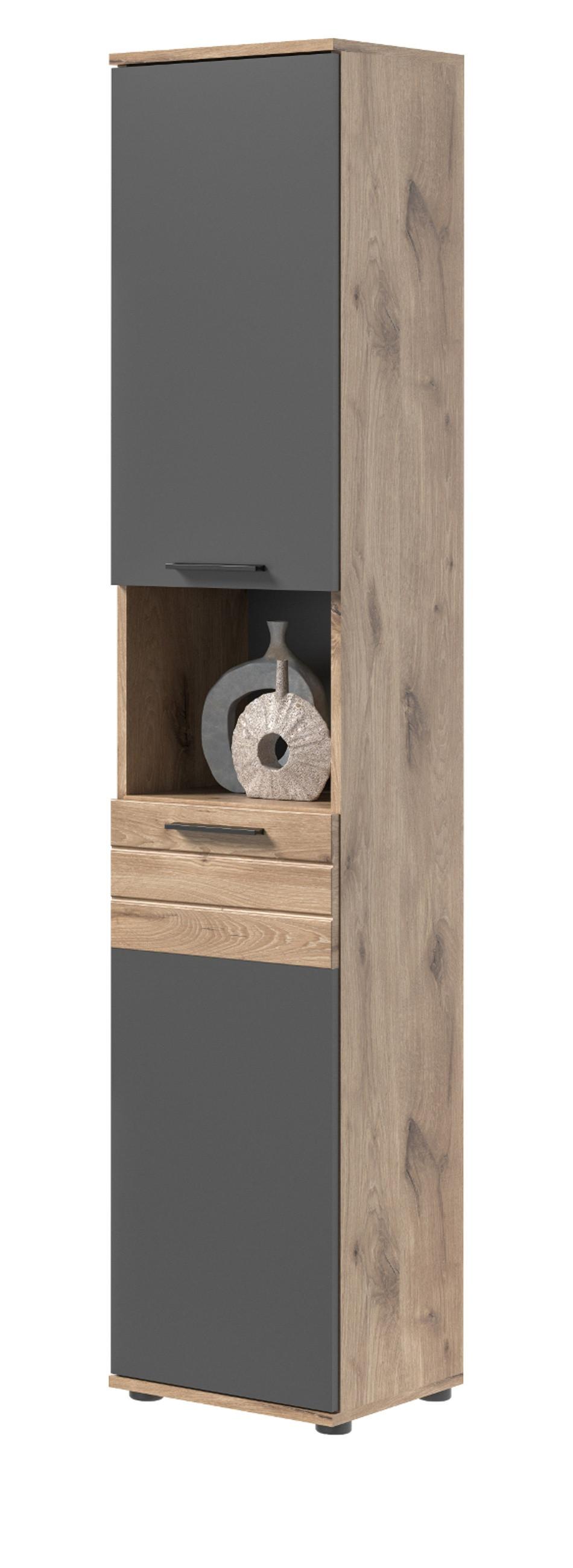 HOCHSCHRANK Eiche, grau 37 x 190 cm, Badschrank mit Soft-Close - Eichefarben/Schwarz, Holzwerkstoff/Kunststoff (37/190/34cm) - Inn.Furn
