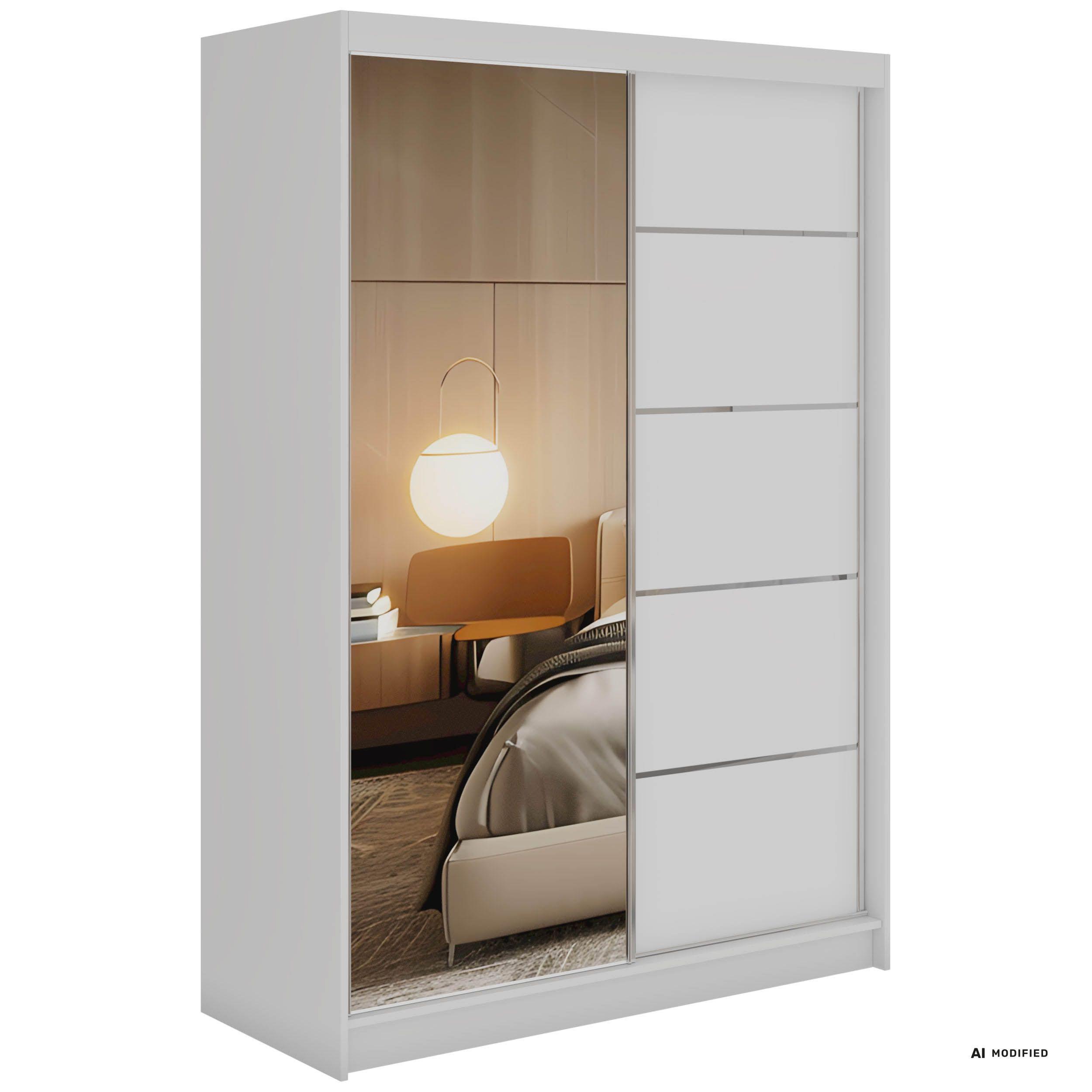 SCHWEBETÜRENSCHRANK 150 - SKORIA - Weiß mit Spiegel - Alufarben/Weiß, Holzwerkstoff/Metall (150/216/61cm) - MKS