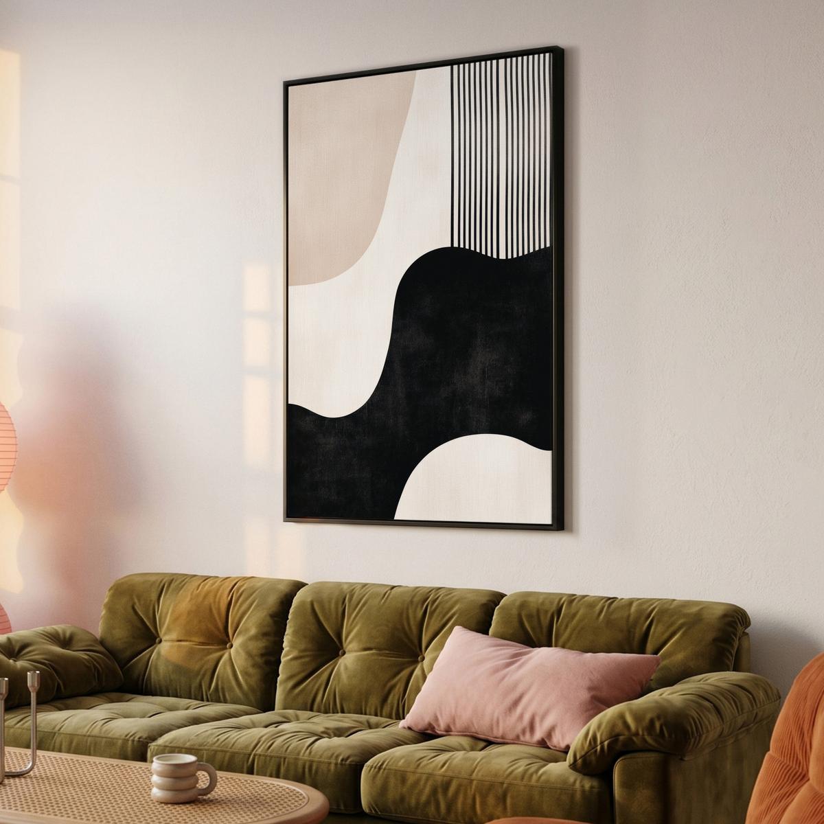 LEINWAND Bilder mit Rahmen - Abstrakt - Japandi - Beige - Modern - 80x120 - Schwarz, Textil (80/120cm) - MuchoWow