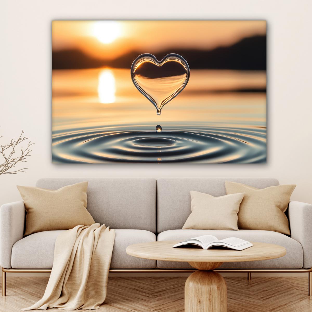 LEINWANDBILD Herz - Wasser - Sonnenuntergang - Natur - Zen Wohnzimmer Groß 120x80 cm - Bernsteinfarben, Textil (120/80cm) - MuchoWow