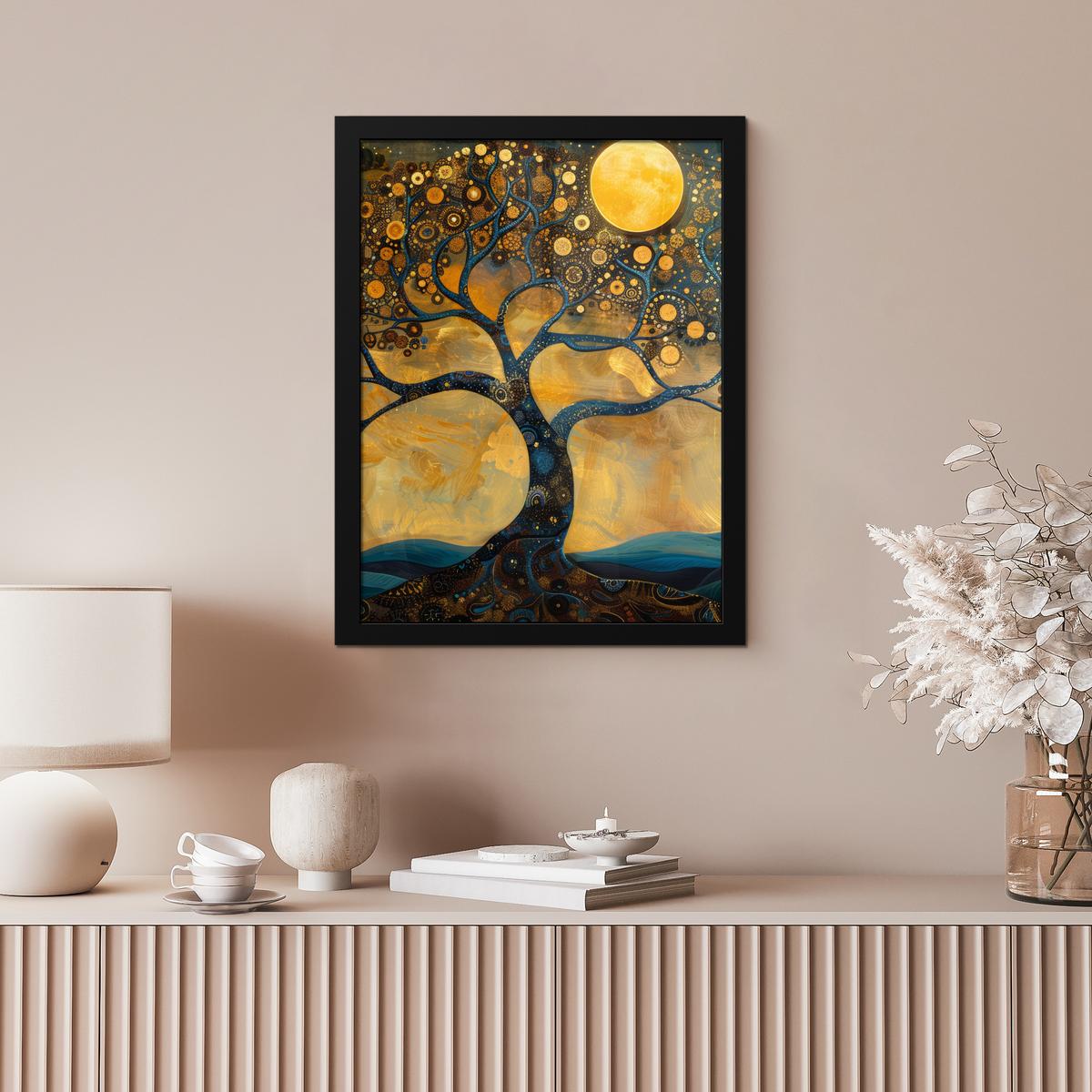 POSTER MIT RAHMEN Baum - Mond - Blumen - Gold - Kunst Bilderrahmen 30x40 cm - Orange, Papier (30/40cm) - MuchoWow