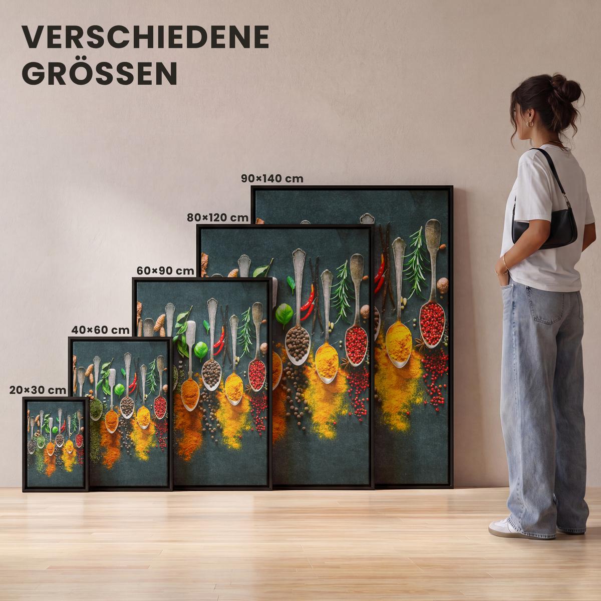 LEINWAND Bilder mit Rahmen - Kräuter - Gewürze - Löffel - 80x120 - Currygelb, Textil (80/120cm) - MuchoWow