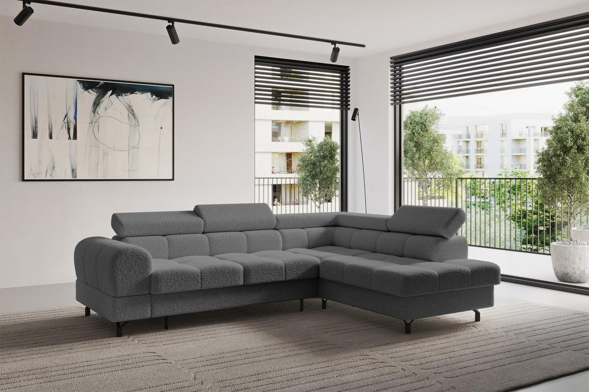 ECKSOFA mit Schlaffunktion Ottomane Rechts LUMA-L 272x203x70 Grau Bouclé - Schwarz/Grau, Holzwerkstoff/Kunststoff (203/272cm) - ALTDECOR