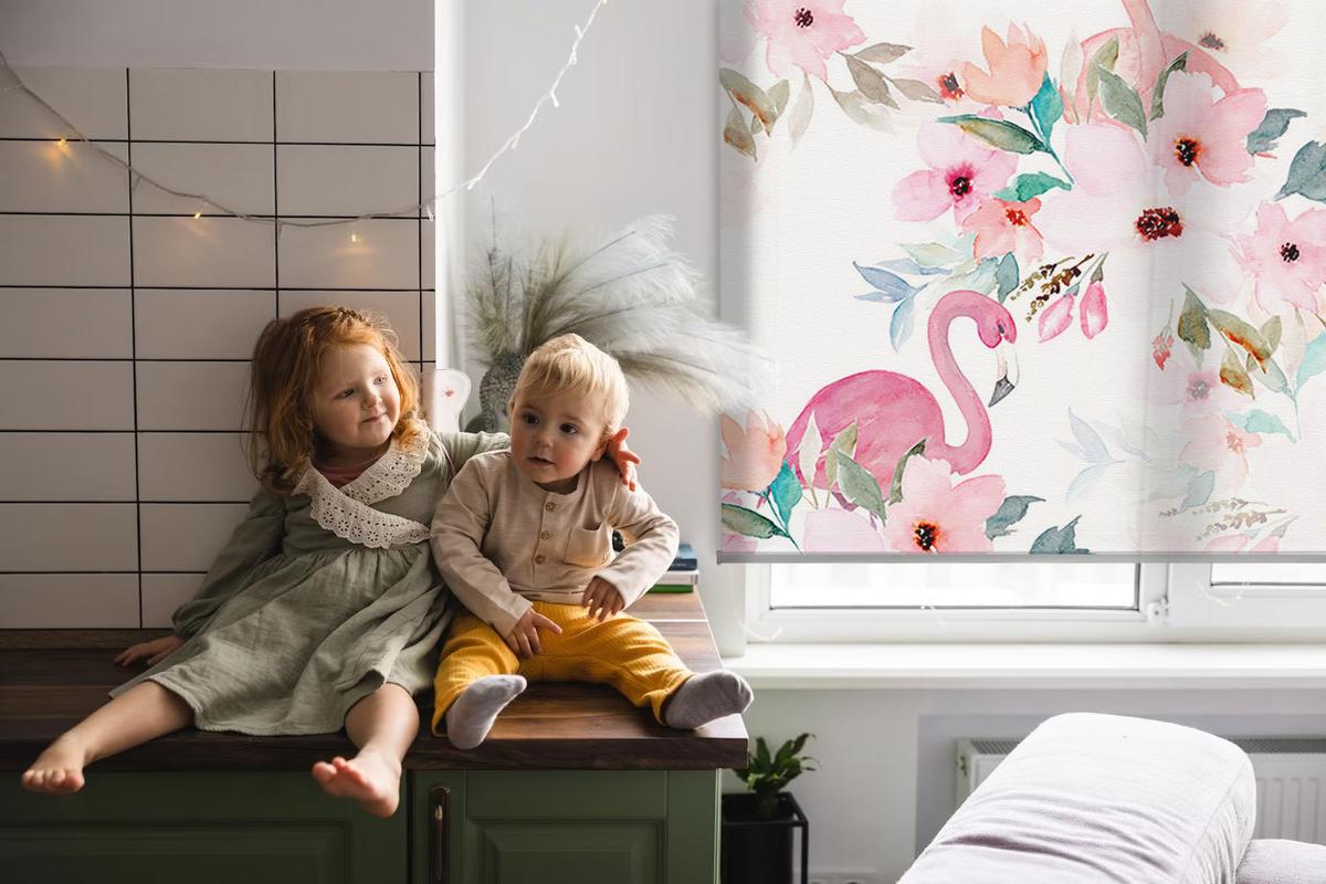 INNENROLLO - Fensterrollo - Rollo - 150x180 cm - Flamingos zwischen den Blumen - Pink, Kunststoff (150/180/0.5cm) - TULUP