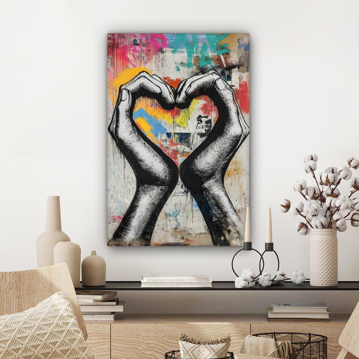LEINWANDBILD Hände - Herz - Straßenkunst - Graffiti Wanddeko 40x60 cm - Multicolor, Textil (40/60cm) - MuchoWow