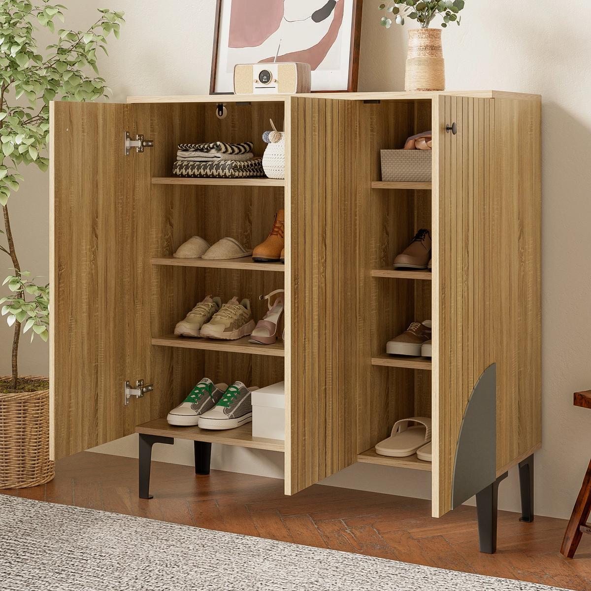 SCHUHSCHRANK in Holzoptik mit 3 Türen, Beige - Naturfarben, Holzwerkstoff (90/94/32cm) - Urban Meuble