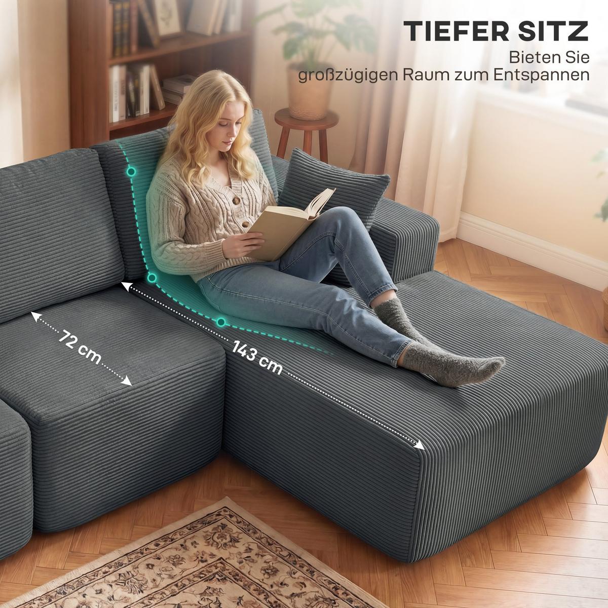 ECKSOFA 3er Set Cord Schaumstoff Dunkelgrau - Dunkelgrau, Textil (168/267cm) - HOMCOM