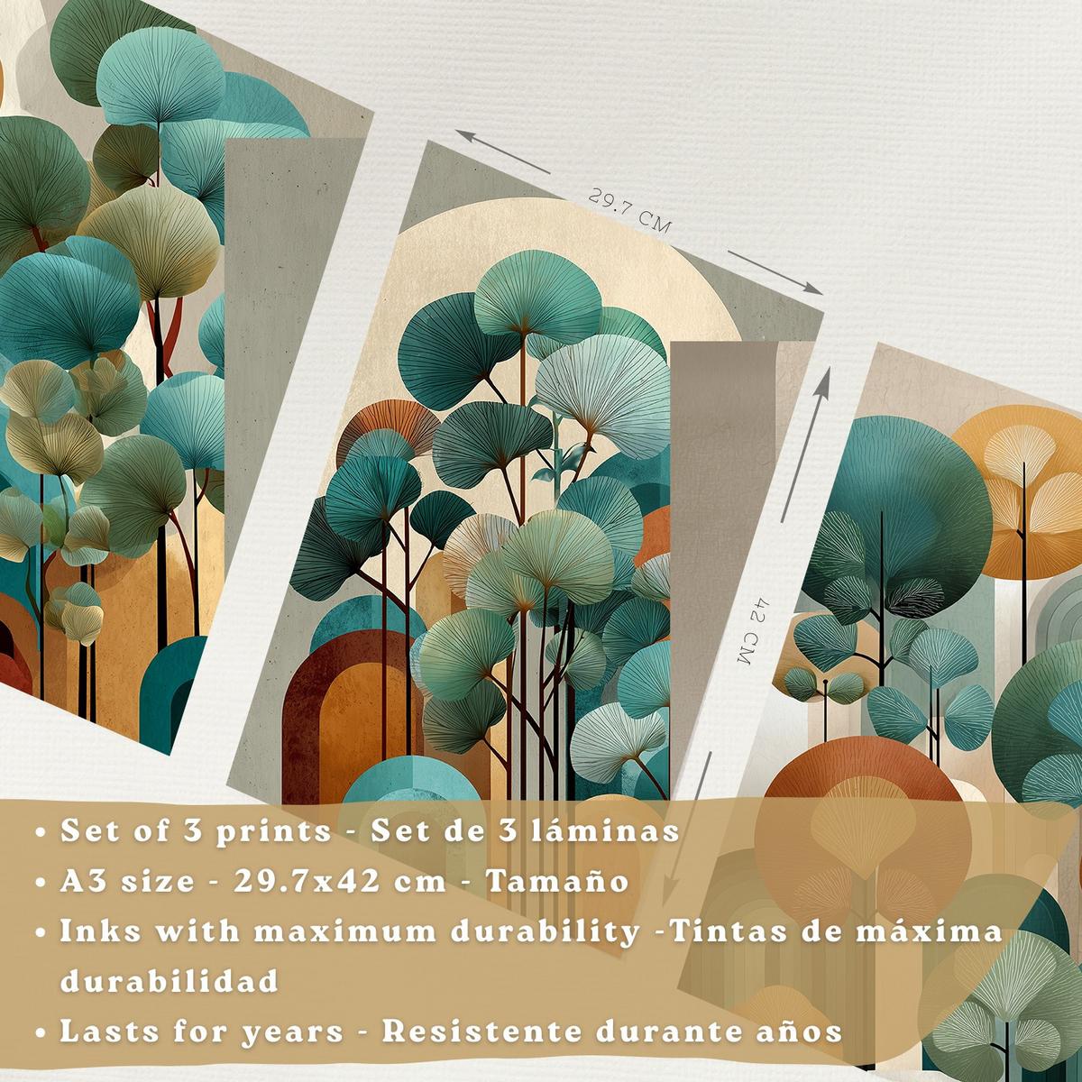 POSTER 3er Kunstdruck-Set Wandbilder Floral Abstrakt Blau Türkis modern Wohnzimmer Deko, Schlafzimmer, Küche, Badezimmer Leichter Holzrahmen A3 - Beige, Papier (29.7/1/42cm) - Nacnic