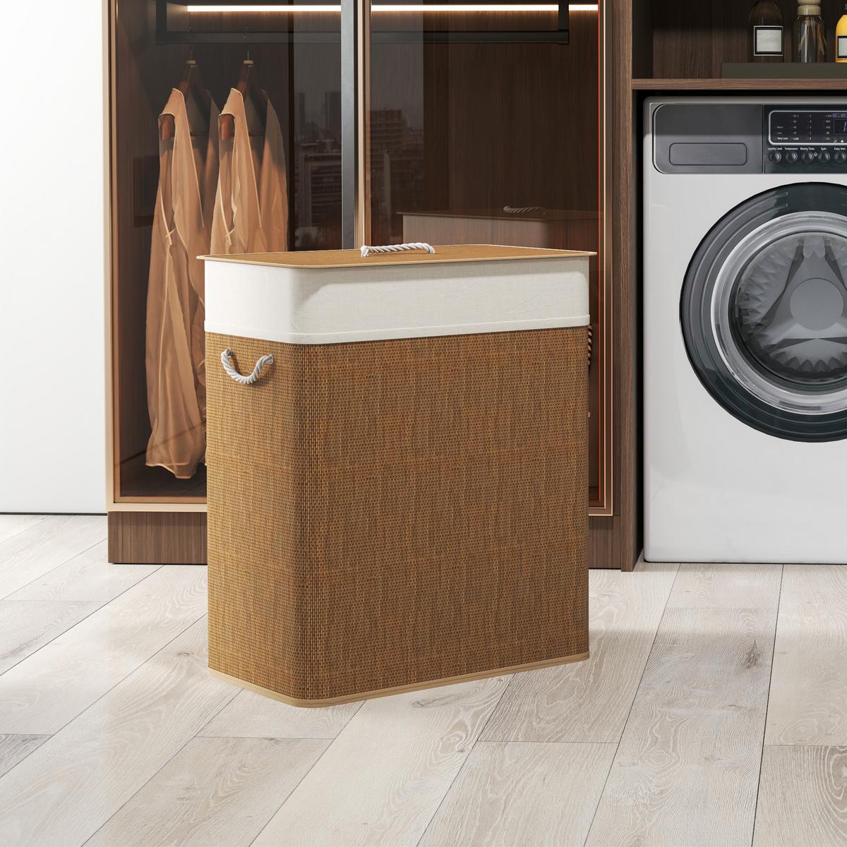 BAMBUS Wäschekorb mit Deckel 2 Fächer 100 L Wäschesammler mit Seilgriffen - Braun, Naturmaterialien (32/63/52cm) - HOMCOM
