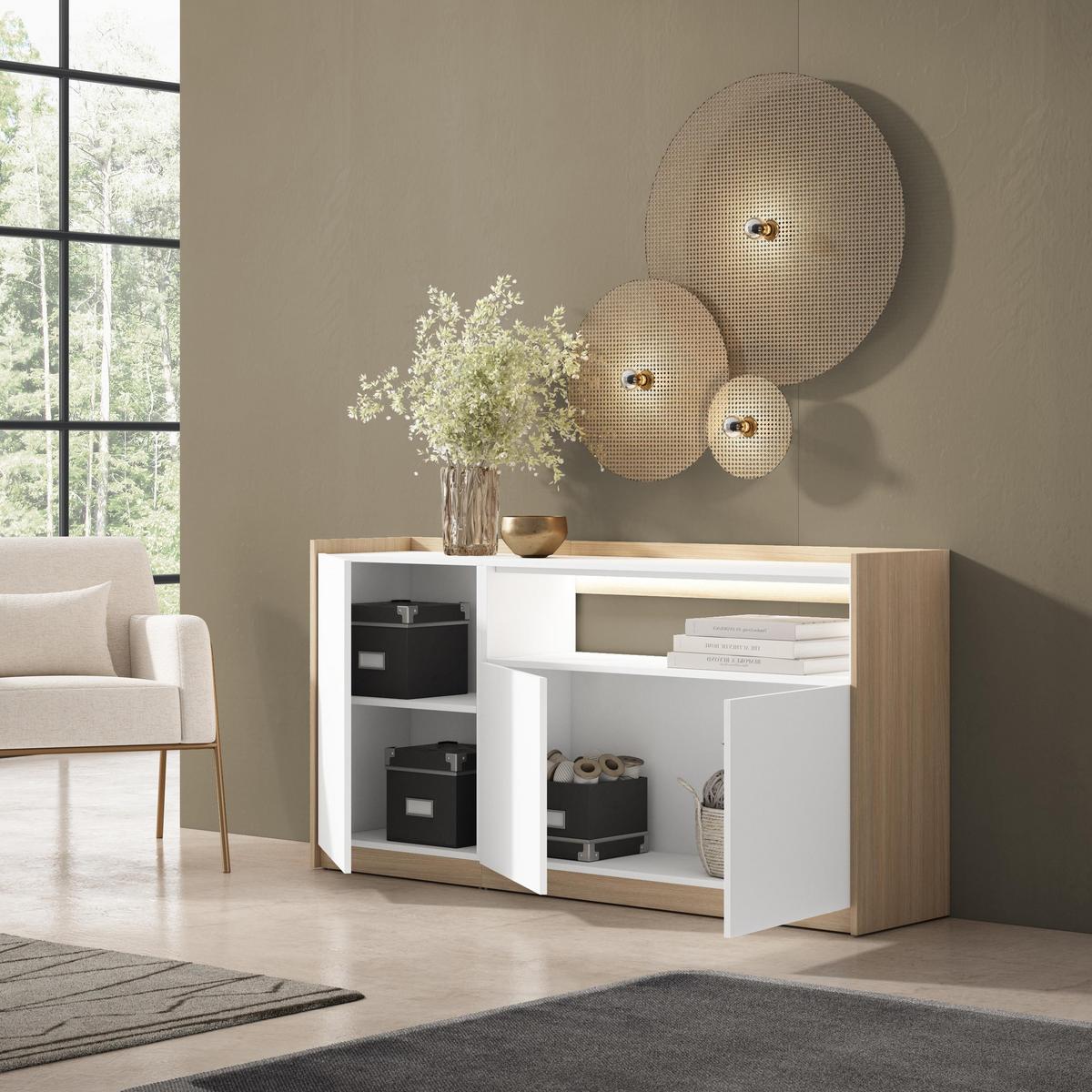 SIDEBOARD, Weiß und Eiche, 156/37/80cm, mit Led - Weiß, Holzwerkstoff (156/80/37cm) - Skraut Home
