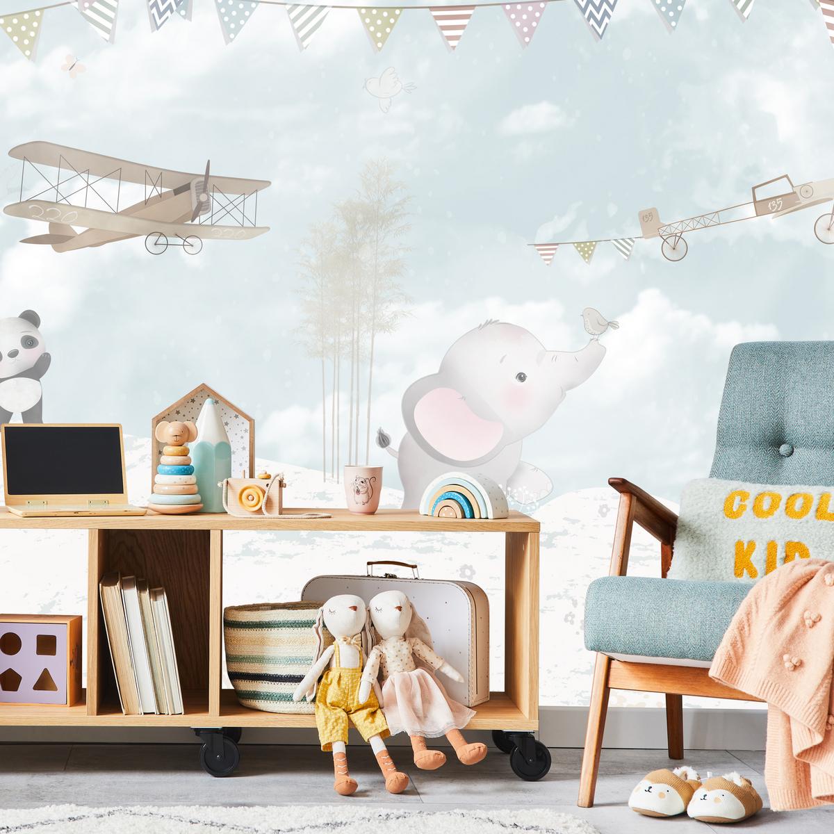 FOTOTAPETE für Kinderzimmer Boho Elefant Panda Giraffe Pflanze Flugzeug 200x140 - Multicolor, Papier (200/140cm) - Muralo