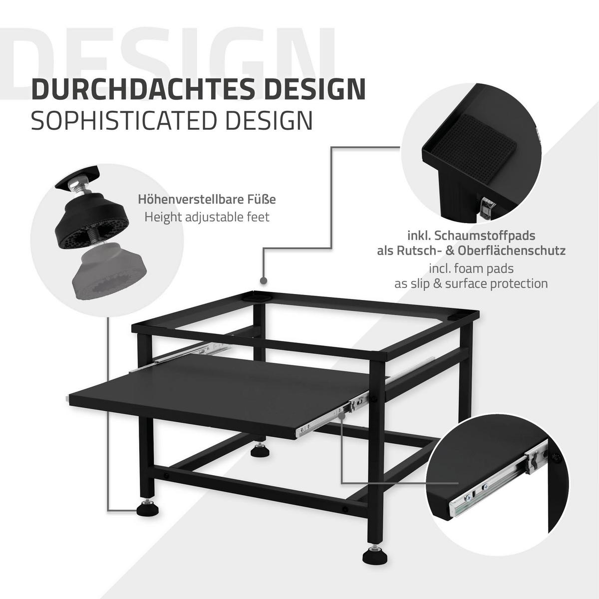 WASCHMASCHINEN UNTERGESTELL mit Ablage ausziehbar Schwarz 62,5x50,1x40,5 cm - Schwarz, Metall (50.1/40.5/62.5cm) - ML-DESIGN