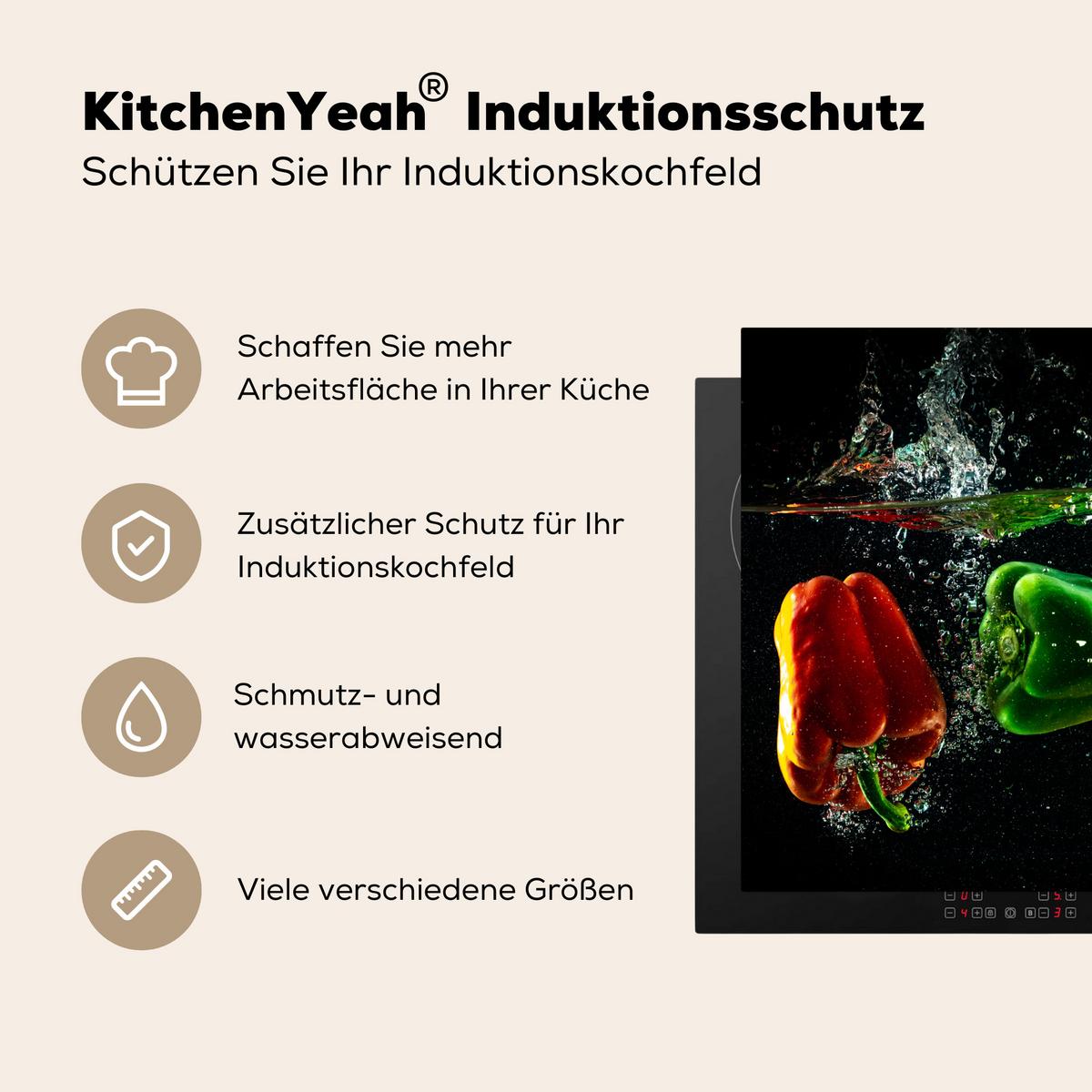 HERDABDECKPLATTE Paprika - Gemüse - Wasser - Schwarz - Rot - Grün - Gelb Abdeckung Ceranfeld 57.6x51.6 cm - Multicolor, Kunststoff (57.6/51.6/0.2cm) - MuchoWow