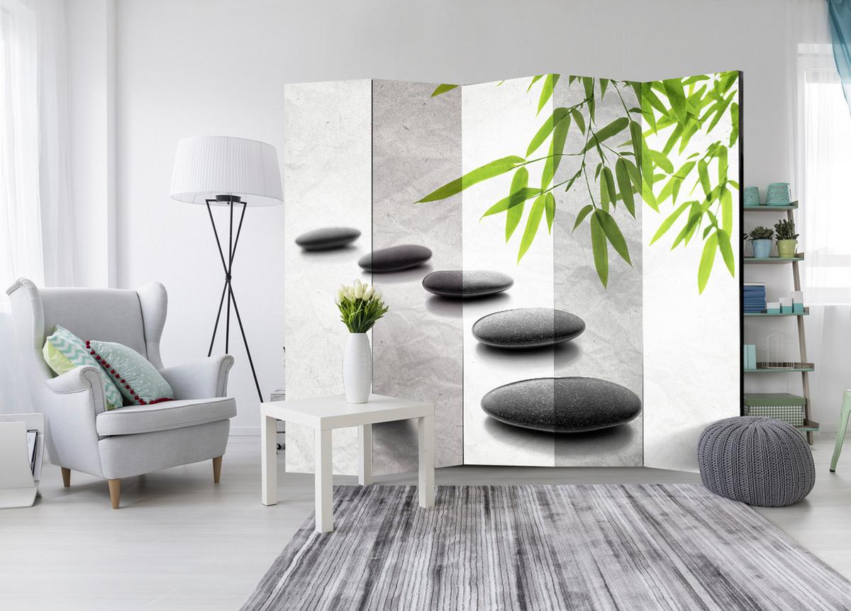 PARAVENT Einseitig Bedruckter 5-tlg 225x172 cm Zen Steine Spa - Grau, Holz/Textil (225/172/3cm) - Muralo