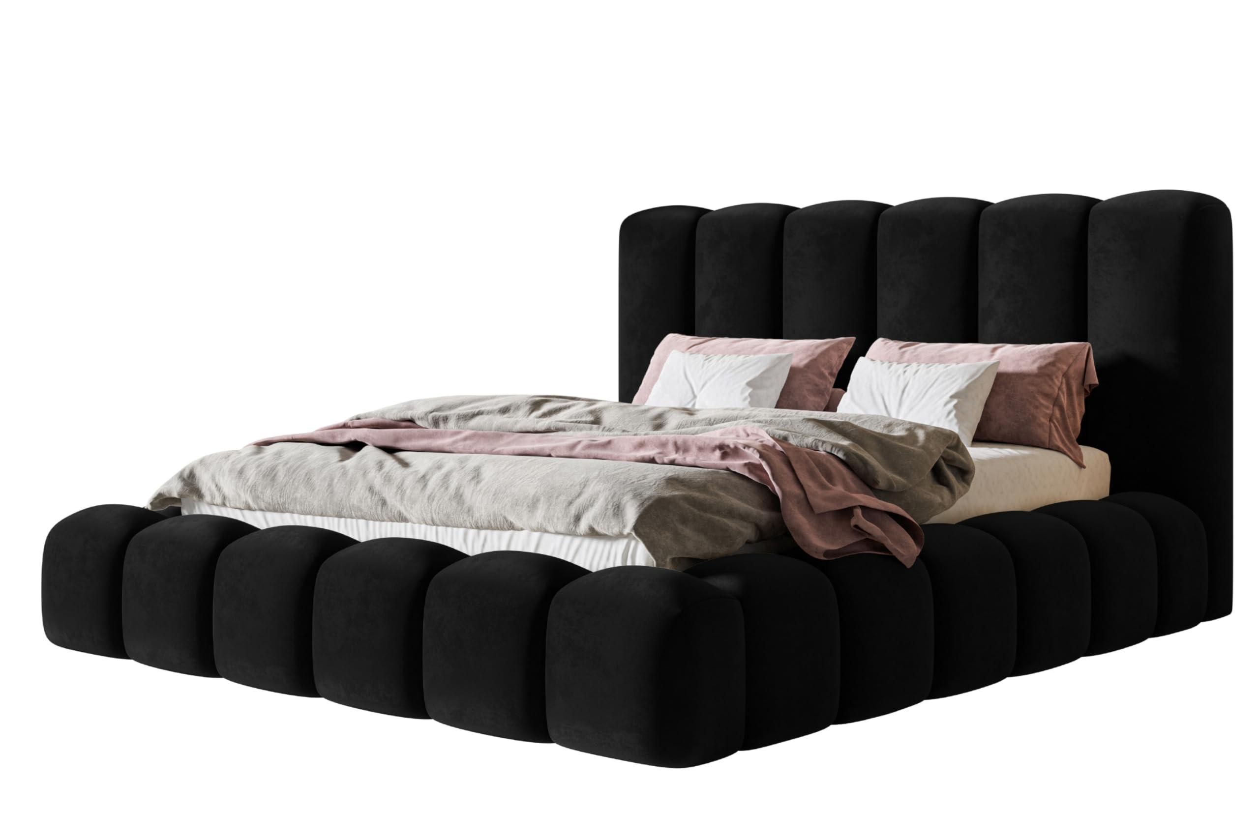 BETT 140x200 - Polsterbett mit Bettkasten und Metallrahmen - Modern Bett - Eleganter Amor-Velvet-Stoff - Kollektion Nora Maxi - Schwarz - Schwarz, Holz/Textil (140/200cm) - Alpi-Möbel
