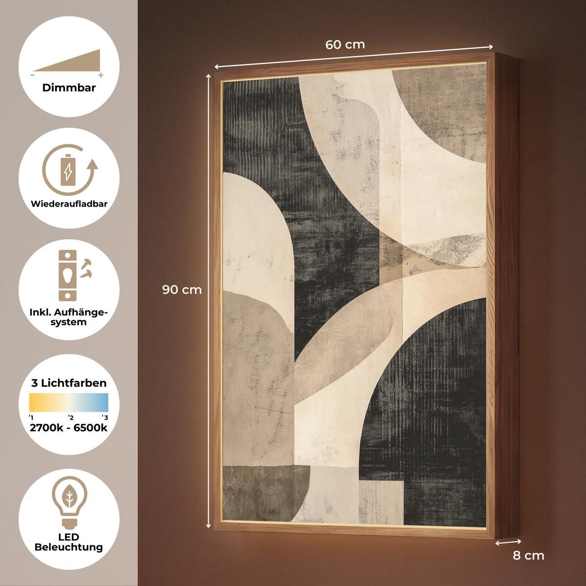 WANDLEUCHTE MIT AKKU Abstrakt - Formen - Modern - Beige 60x90 cm - Grau, Holzwerkstoff (60/90/8cm) - OnlyWow
