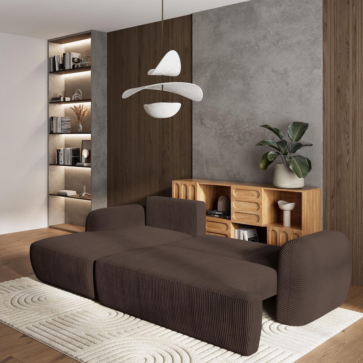 ECKSOFA MODENZA P L-S Braun Kordstoff mit Schlaffunktion - Schwarz/Braun, Holz/Kunststoff (266/148cm) - MASSENO