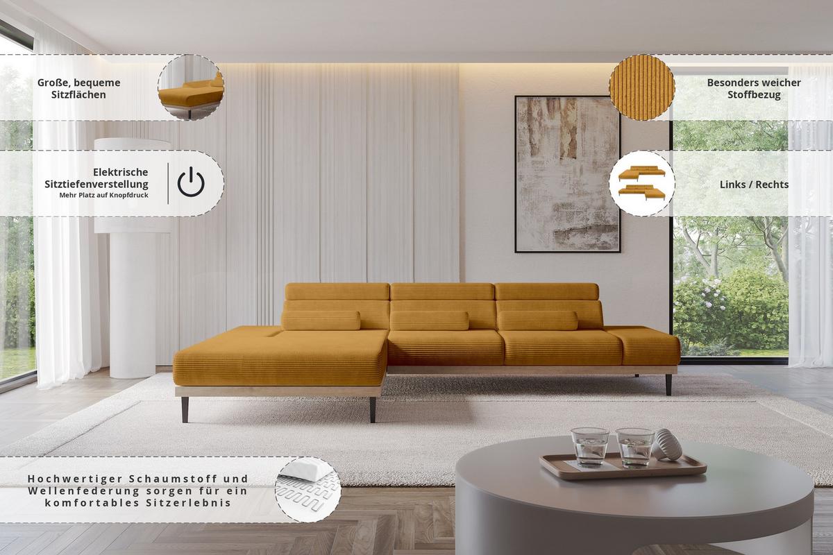 ELEKTRISCHES ECKSOFA Links MONA 316x205x85 Senfgelb Cord - Dunkelgelb, Holzwerkstoff/Textil (316/205cm) - ALTDECOR