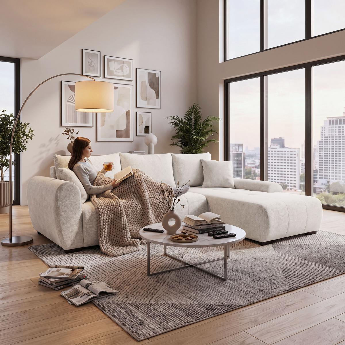 ECKSCHLAFSOFA Dallas mit Bettkasten, 255 cm, Creme, rechts, Velour-Stoff - Beige, Textil (255/175cm) - Beautysofa