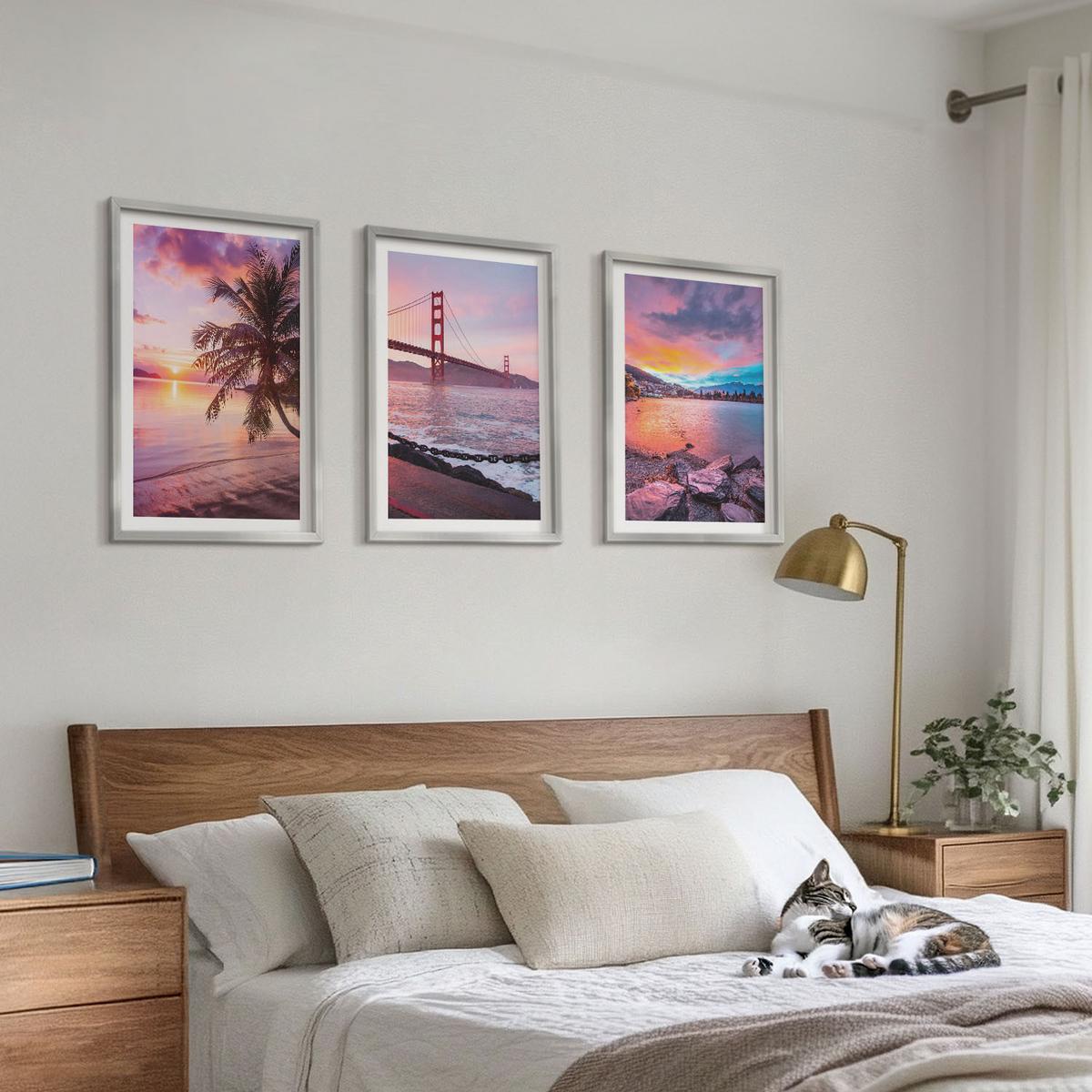 BILDER SET 3er Set - 40x60 cm Silberner Rahmen - Sonnenuntergangsbrücke Landschaft - Silberfarben, Kunststoff (40/60cm) - TULUP