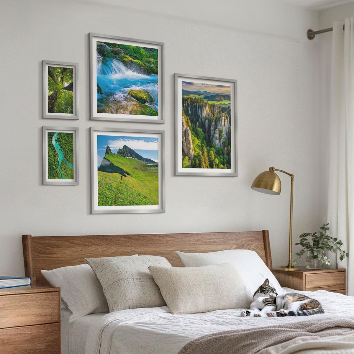 BILDER SET 5er Set - 50x50 cm & 20x30 cm & 40x60 cm Silberner Rahmen - Wasserfälle grüner Wald Wasser - Silberfarben, Kunststoff (40/60cm) - TULUP