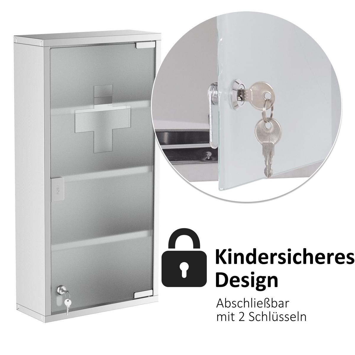 MEDIZINSCHRANK Arzneischrank Erste Hilfe mit Schloss Edelstahl 30 x 12 x 60 cm - Silberfarben, Glas (12/60/30cm) - HOMCOM
