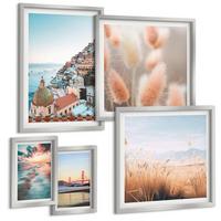 BILDER SET 5er Set - 50x50 cm & 20x30 cm & 40x60 cm Silberner Rahmen - Sonnenuntergang am Meer, Häuser, Blumen - Silberfarben, Kunststoff (40/60cm) - TULUP