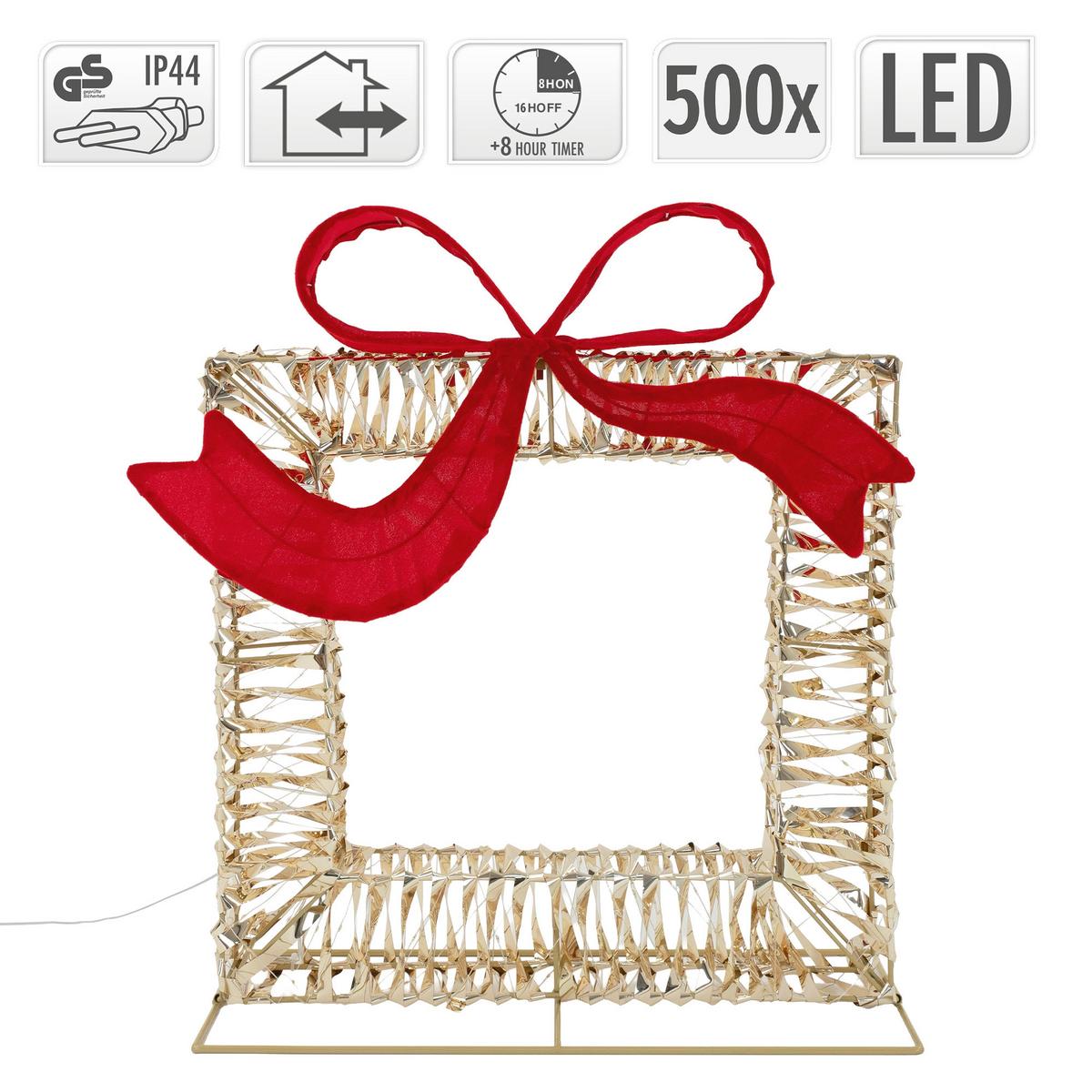 LED GESCHENKBOX WEIHNACHTEN mit Schleife Weihnachtsdeko mit Timer Außen Weihnachtsbeleuchtung 500 LEDs Warmweiß 58x63 cm - Goldfarben, Kunststoff (58/63/21.5cm) - ECD-Germany