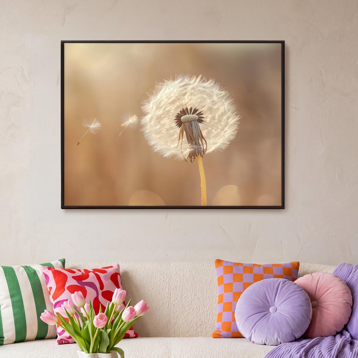LEINWAND Bilder mit Rahmen - Löwenzahn - Beige - Natur - Blume - 100x70 - Hellbraun, Textil (100/70cm) - MuchoWow