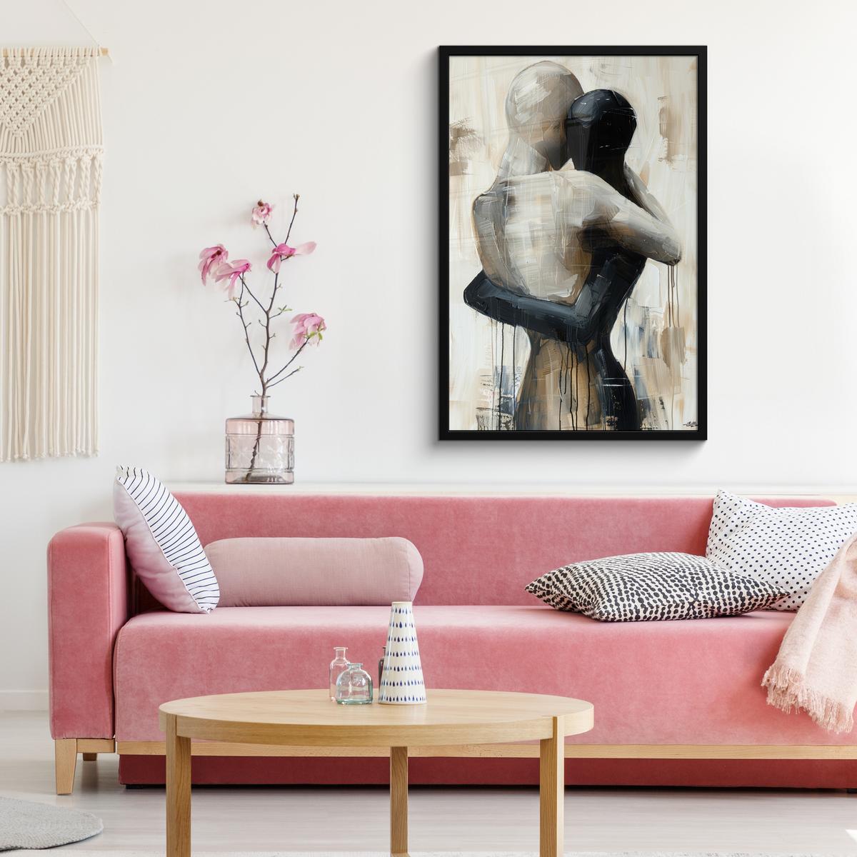 POSTER MIT RAHMENGERAHMTES BILD Abstrakt - Liebe - Schwarz und weiß - Modern 60x90 cm - Schwarz, Papier (60/90cm) - MuchoWow