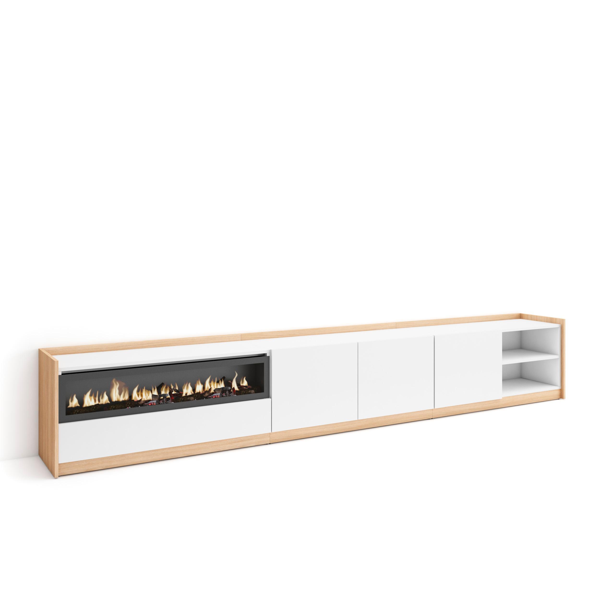 LOWBOARD, Weiß und Eiche Soft, Elektrokamin, 310/37/50cm - Weiß, Holzwerkstoff (310/50/37cm) - Skraut Home