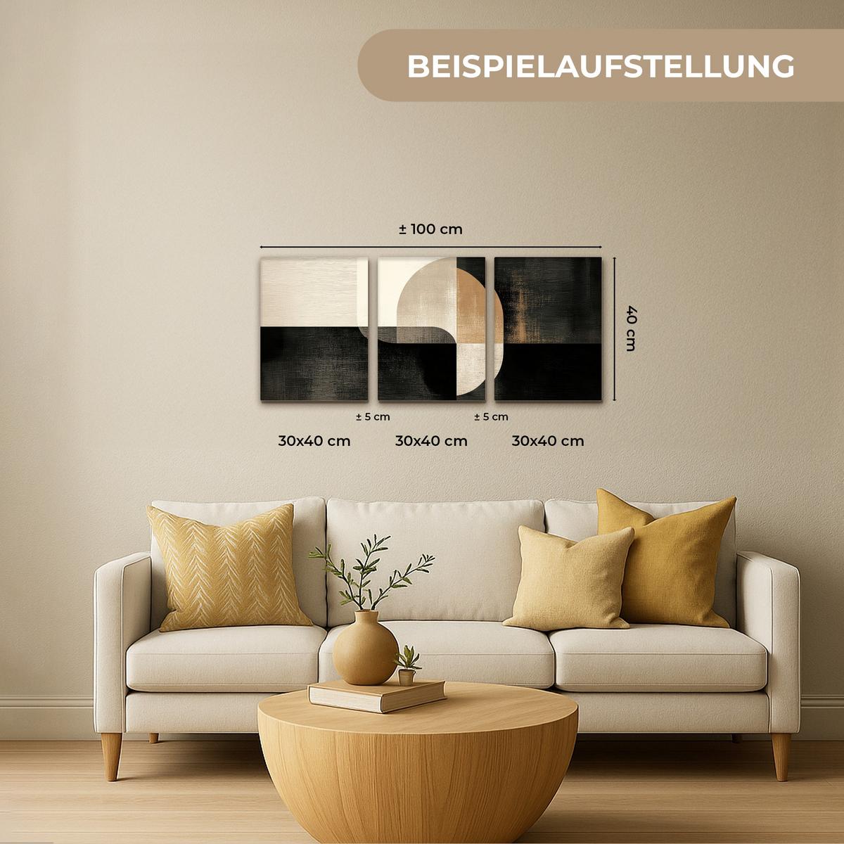 LEINWANDBILD 3er Set Formen - Abstrakt - Gold 90x40 cm - Schwarz, Textil (90/40cm) - MuchoWow