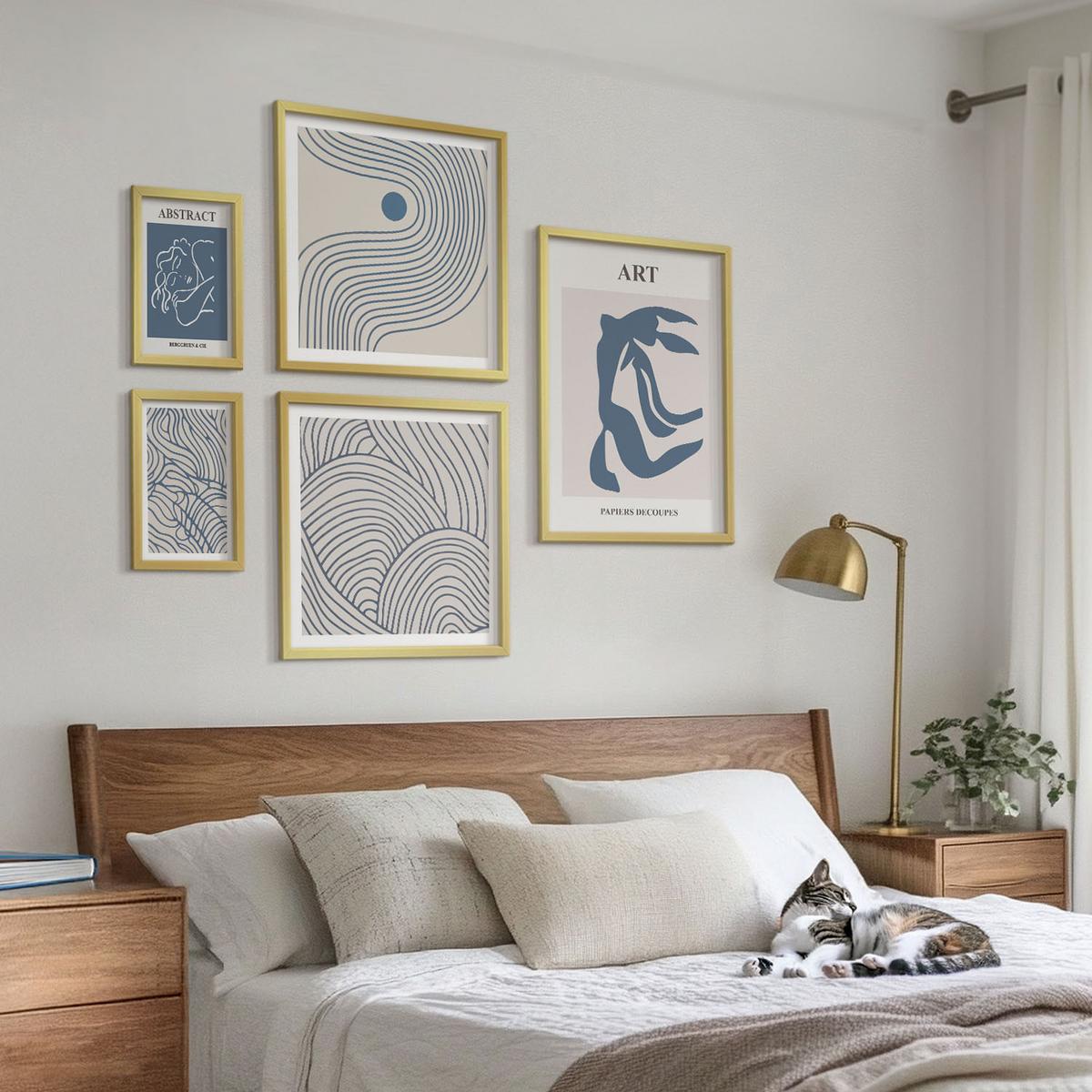 BILDER SET 5er Set - 50x50 cm & 20x30 cm & 40x60 cm Goldrahmen - Abstrakte blaue Linien - Goldfarben, Kunststoff (40/60cm) - TULUP