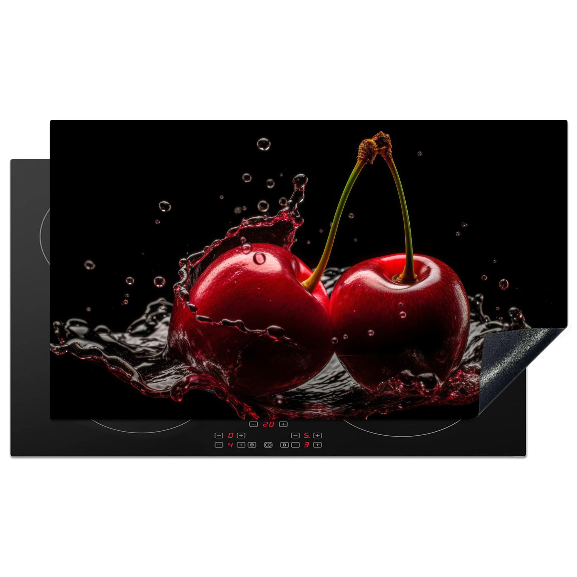 HERDABDECKPLATTE Kirsche - Rot - Frucht - Wasser - Schwarz Induktionsschutz 91.6x52.7 cm - Kirschrot, Kunststoff (91.6/52.7/0.2cm) - MuchoWow