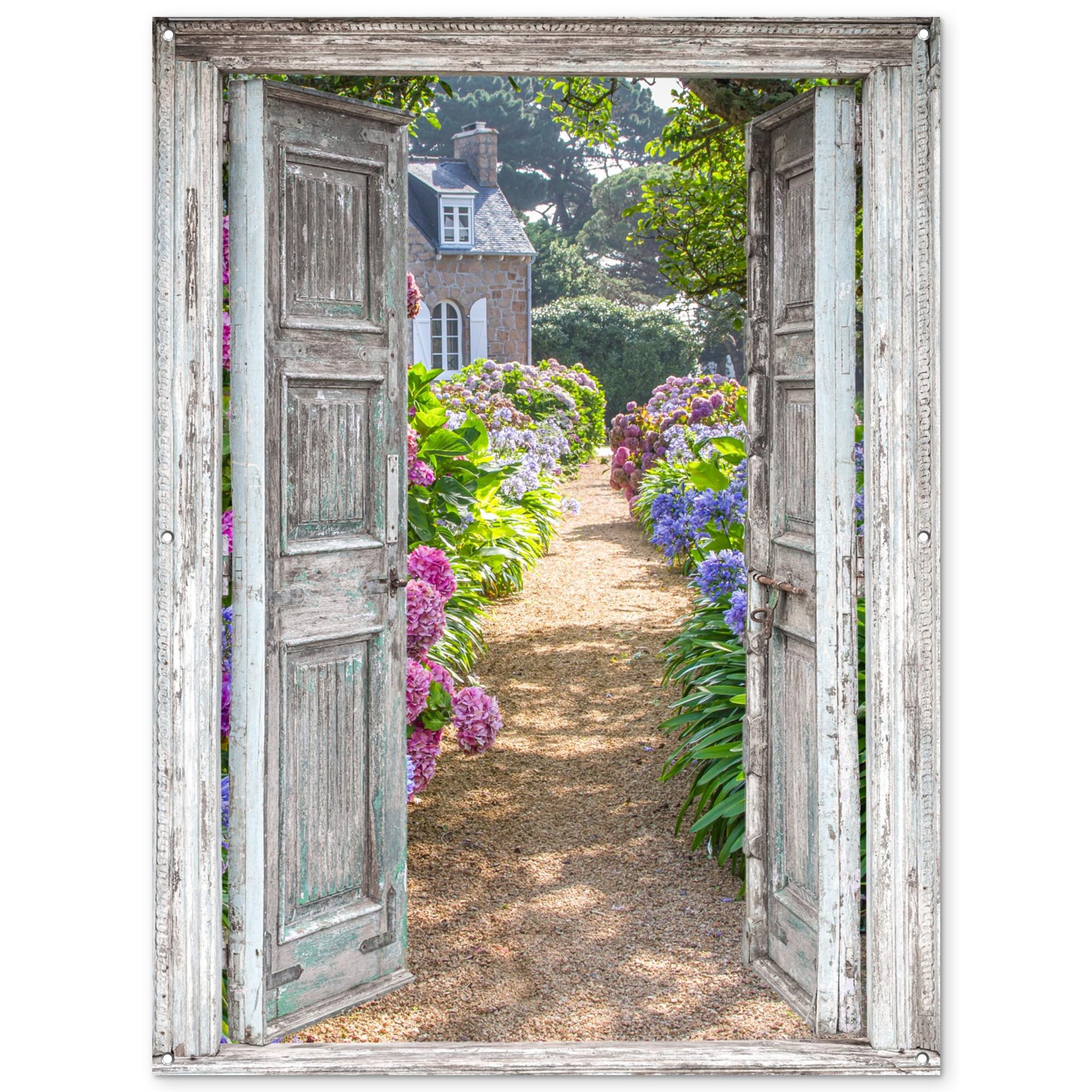 GARTENPOSTER Durchblick - Hortensie - Blumen Gartendekoration 120x160 cm - Hellgrau, Kunststoff (120/160/0.2cm) - OnlyWow