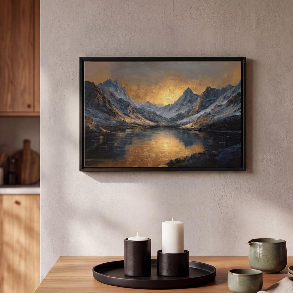 LEINWAND Bilder mit Rahmen - Bergkulisse mit goldenem Sonnenuntergang - 30x20 - Goldfarben, Textil (30/20cm) - MuchoWow
