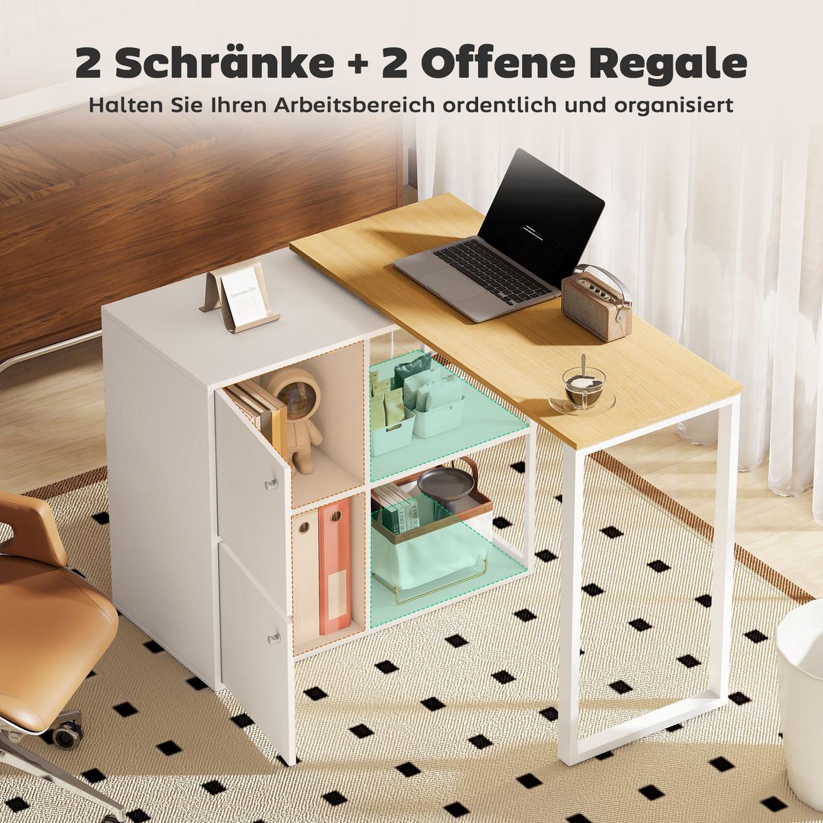 SCHREIBTISCH L-förmig 360° drehbar Eckschreibtisch mit Schränken Regalen Weiß - Silberfarben/Weiß, Holzwerkstoff/Metall (150/40/75cm) - HOMCOM