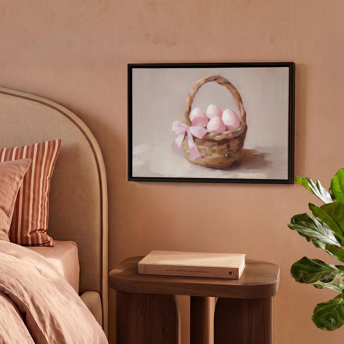LEINWAND Bilder mit Rahmen - Korb - Eier - Rosa - 40x30 - Beige, Textil (40/30cm) - MuchoWow