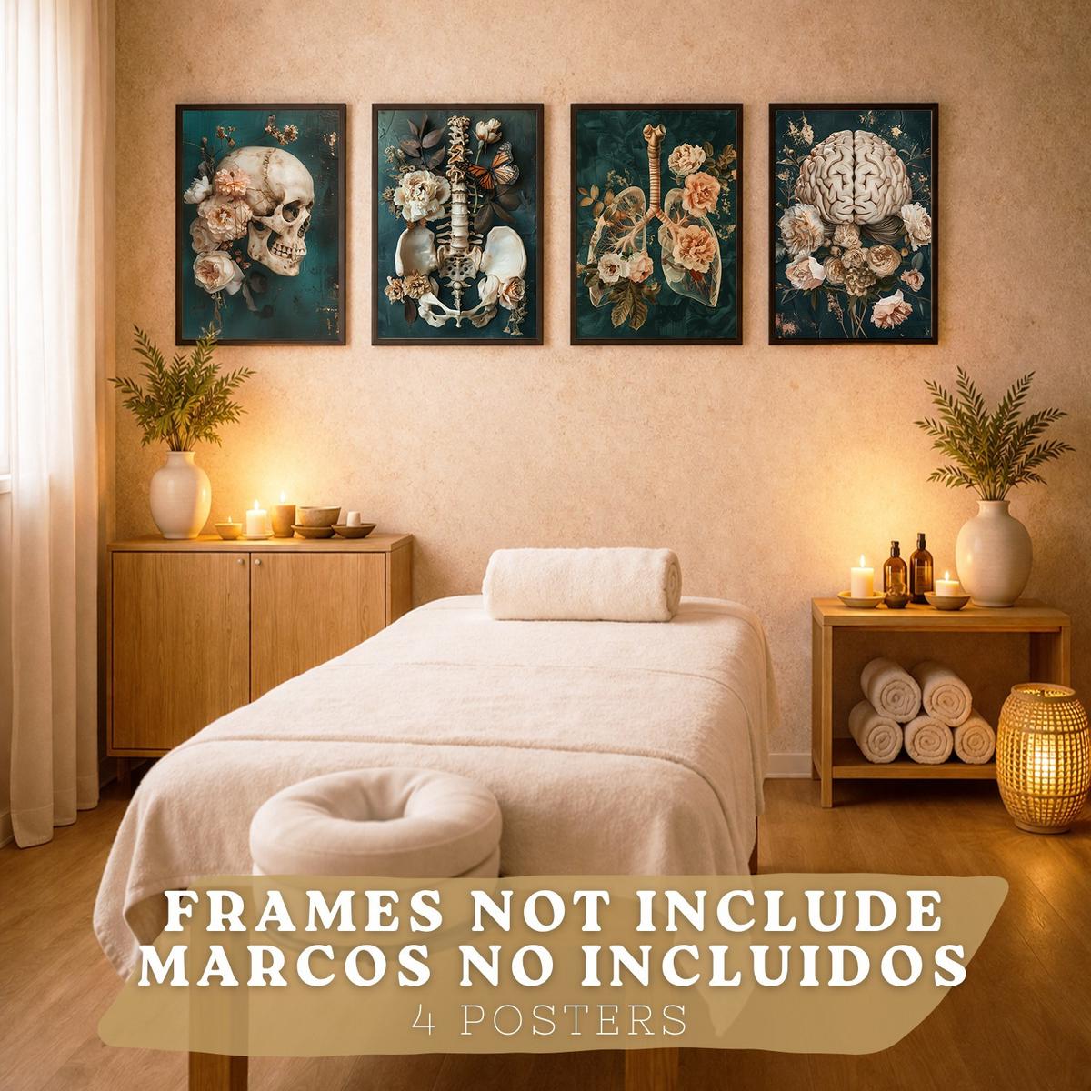 POSTER Set aus 4 Anatomie Mensch Drucke und Wandbilder mit Schädel Gehirn Lungen Luftröhre Bronchien Becken Wirbelsäule Florales Größe Rahmenlos A3 - Klar, Papier (29.7/42/3cm) - Nacnic