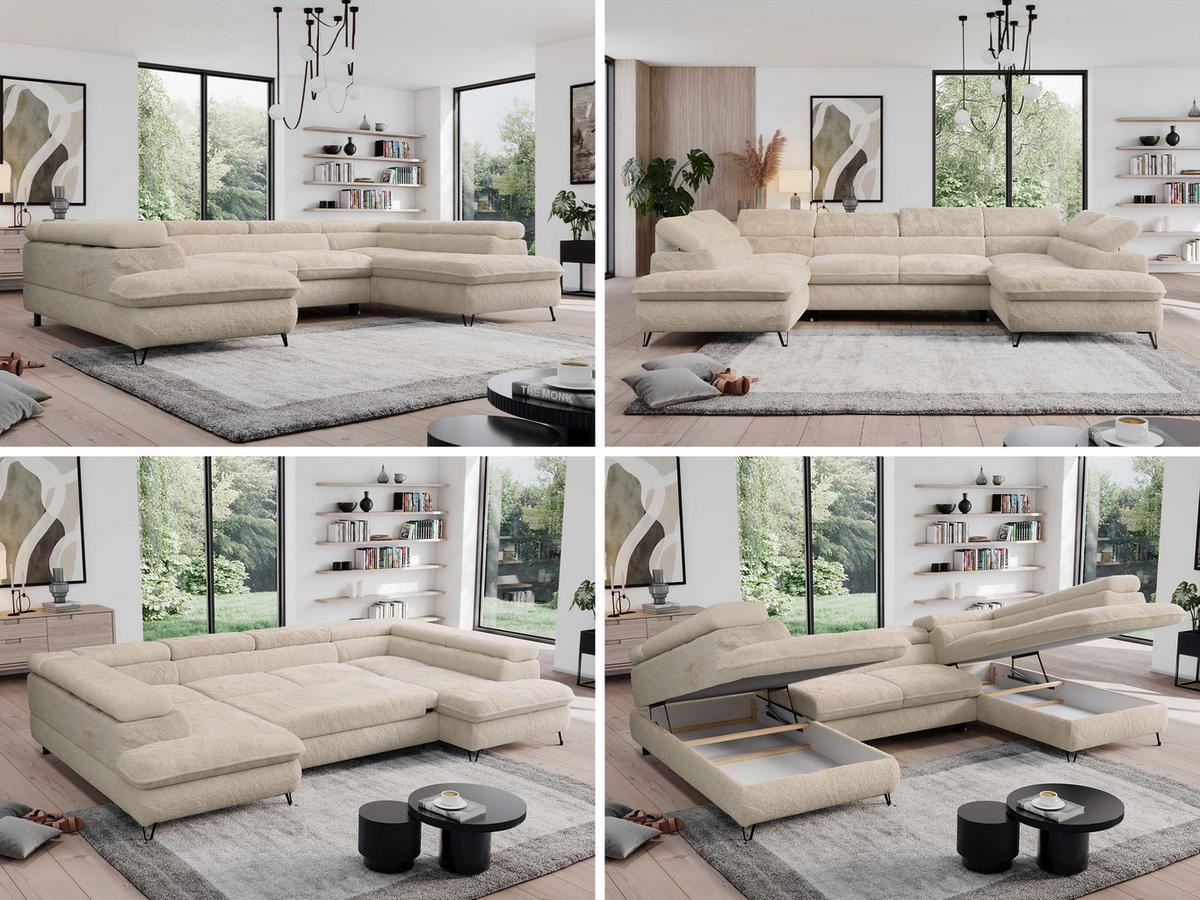 WOHNLANDSCHAFT PEDRO U Plüsch Ecru - Ecru/Schwarz, Textil/Metall (346/76/208cm) - MKS