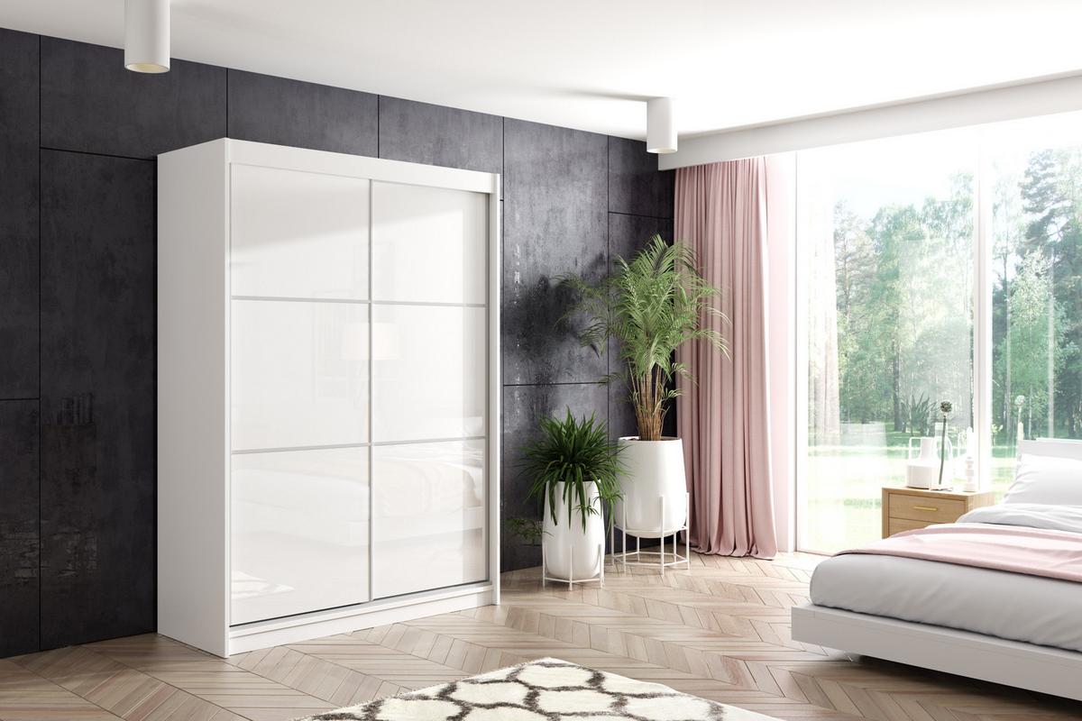 KLEIDERSCHRANK mit Lacobel-Schiebetüren und Aluminium-Leisten - VIVONA - 160 cm Weiß - Weiß, Holzwerkstoff (160/216/61cm) - ALTDECOR