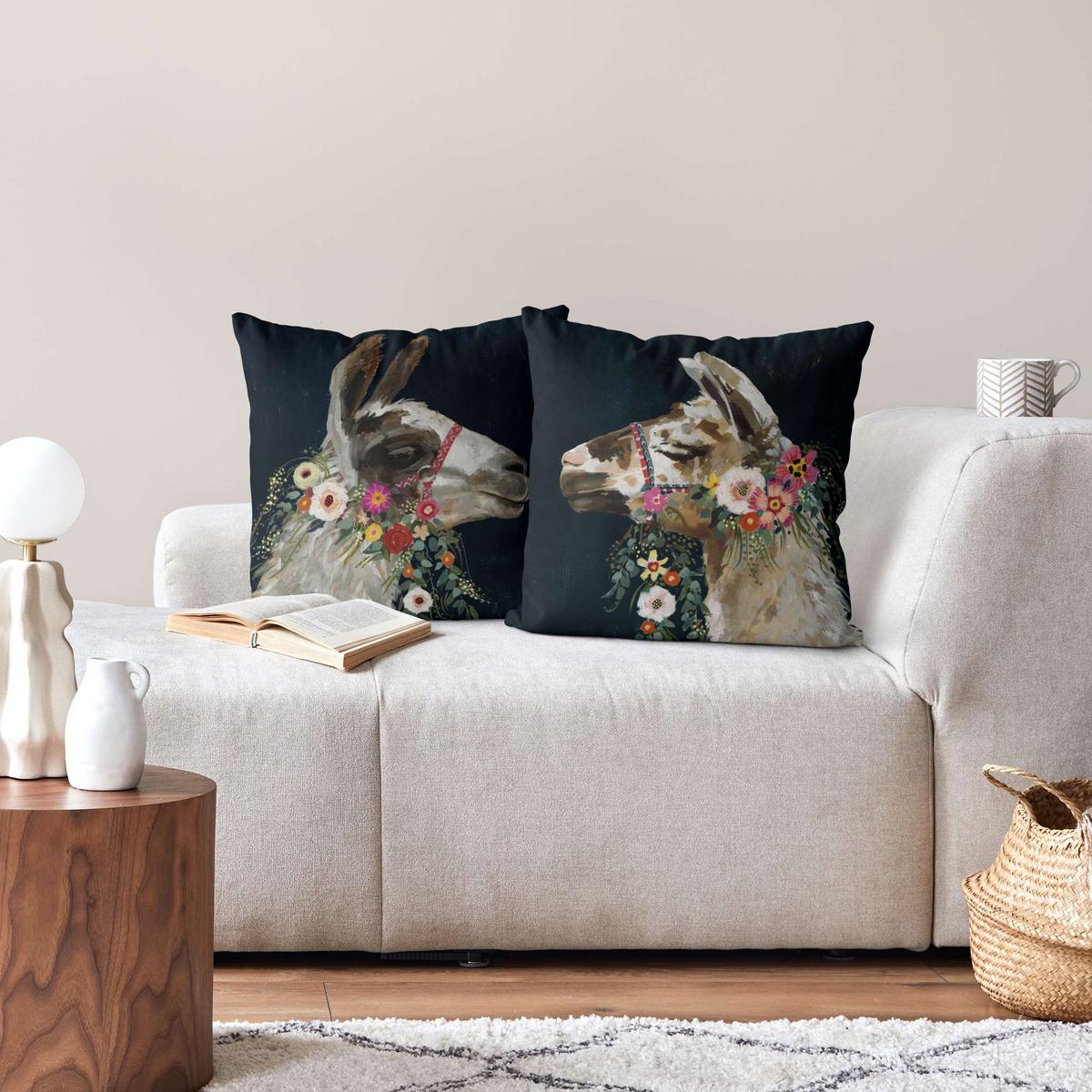 DEKOKISSEN 2er-Set Lama mit Blumenschmuck Set I 40/40 cm - Schwarz, Textil (40/40cm) - Bilderwelten