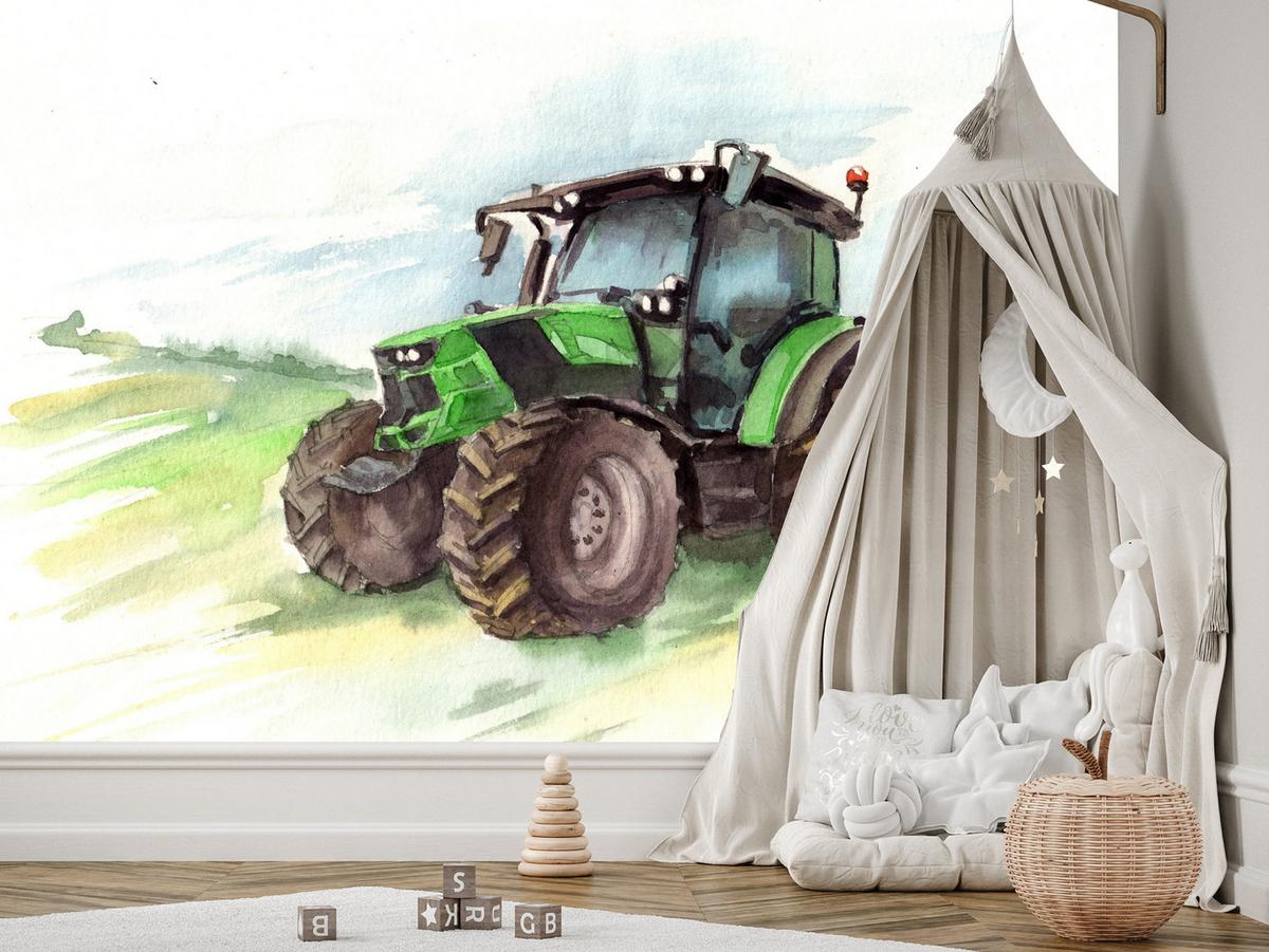 FOTOTAPETE für Kinderzimmer Aquarell Grüner Traktor Feld 300x210 - Gelb/Schwarz, Papier (300/210cm) - Muralo
