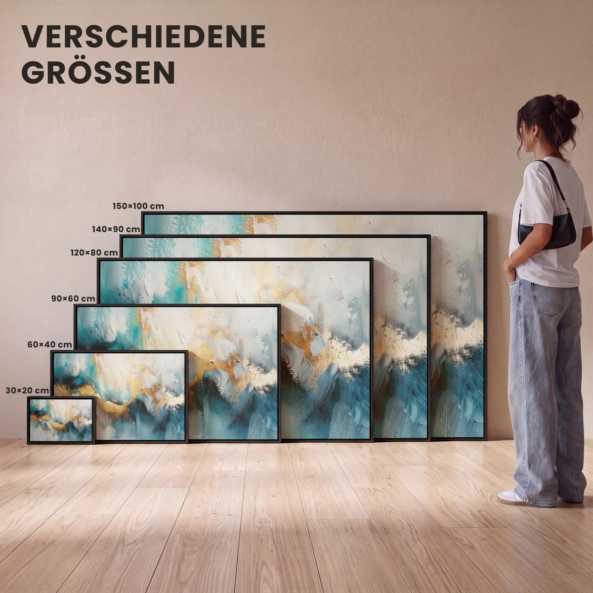 LEINWAND Bilder mit Rahmen - Abstrakt - Kunst - Gold - Blau - 90x60 - Petrol, Textil (90/60cm) - MuchoWow
